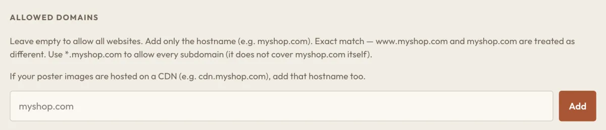 An empty list allows every website. Enter a domain and click Add.