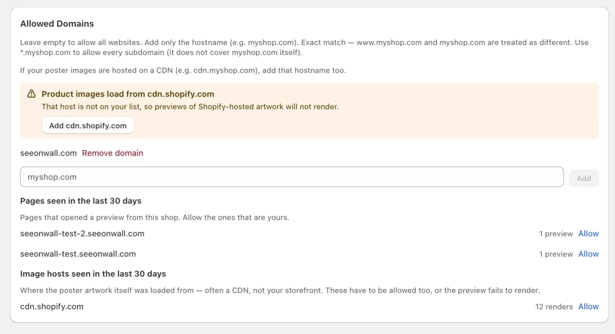 The list holds one domain, so the app warns that cdn.shopify.com is missing. Add cdn.shopify.com puts it on the list.