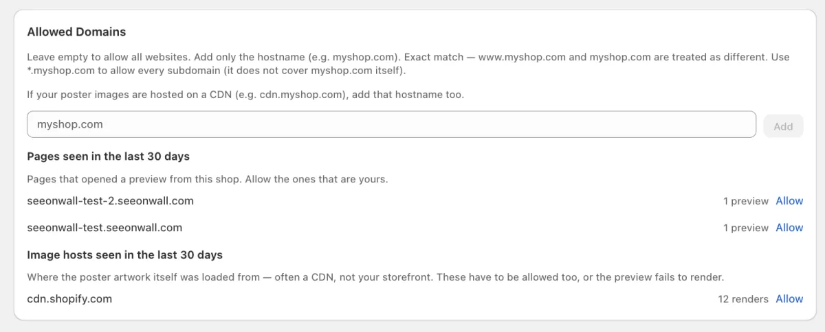 An empty list allows every website. Below it, the app lists the pages and image hosts it has seen, each with Allow.