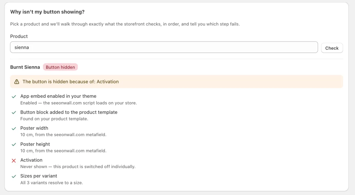The result for one product. The checks before Activation pass, and Activation fails: the product is switched off.