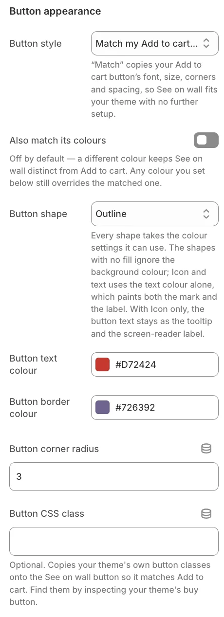 Button appearance on the button block: Match my Add to cart button with the Outline shape. An outline has no fill, so there is no background colour.