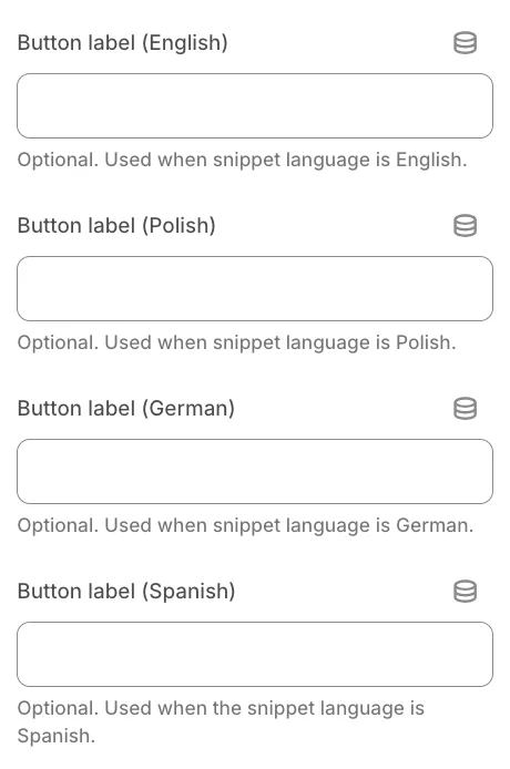 The button labels, one field per language. An empty field keeps the default text.