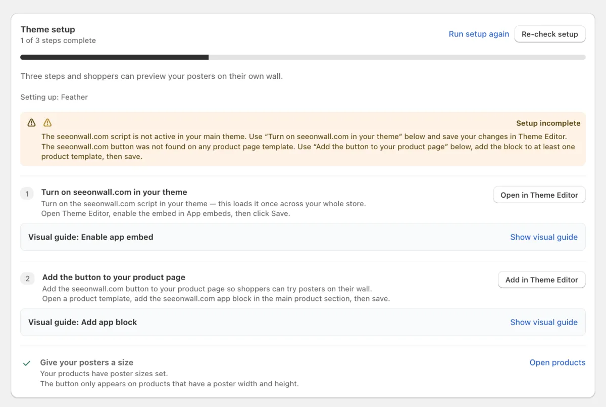 The Theme setup card on the Storefront tab. Step 1 opens App embeds, step 2 adds the button block.
