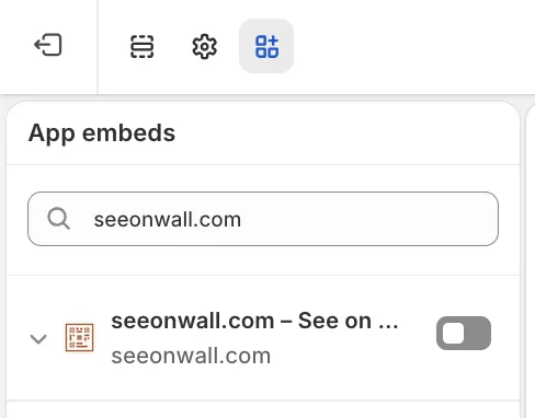 App embeds in the theme editor. Turn on seeonwall.com – See on wall, then click Save.