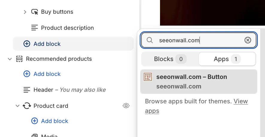 Adding the block by hand: search for seeonwall.com, then choose seeonwall.com – Button.