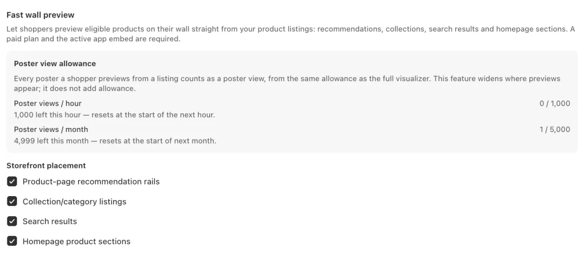 Fast wall preview with all four placements selected, and the poster view allowance above them.