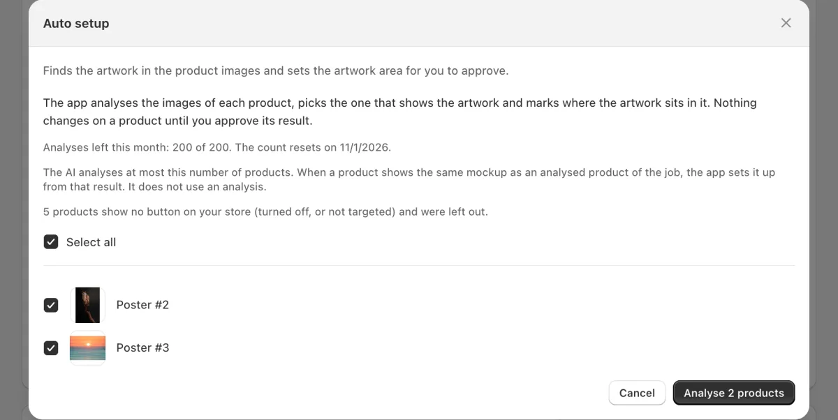 The Auto setup window. It shows the analyses that are left and the products to analyse.