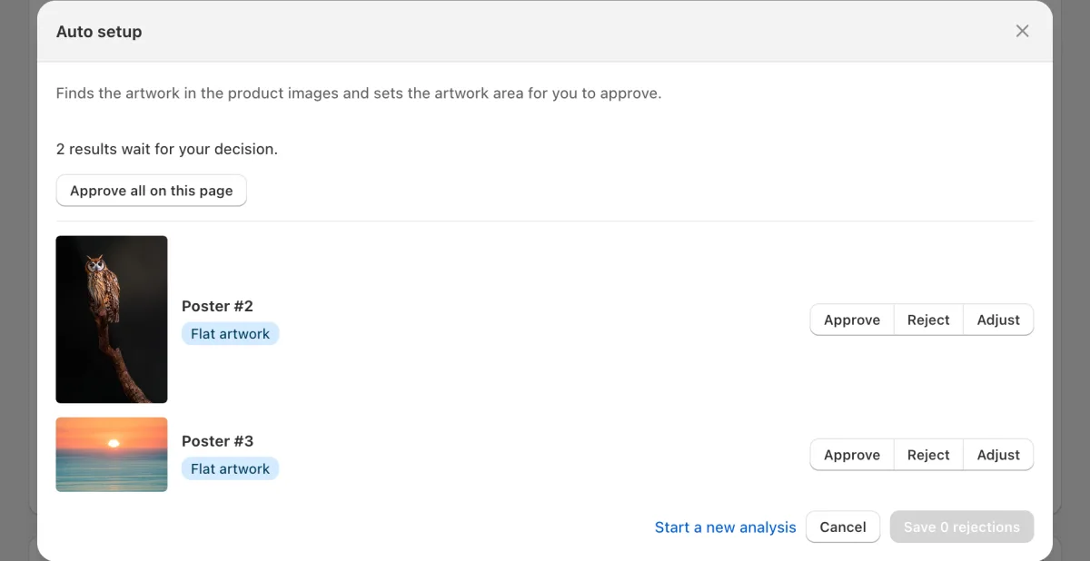 Two results wait for a decision. Each shows the image that the app chose.