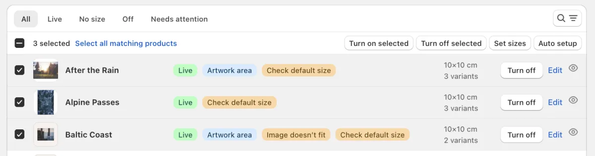 Three products are selected. Set sizes is with the other actions above the list.