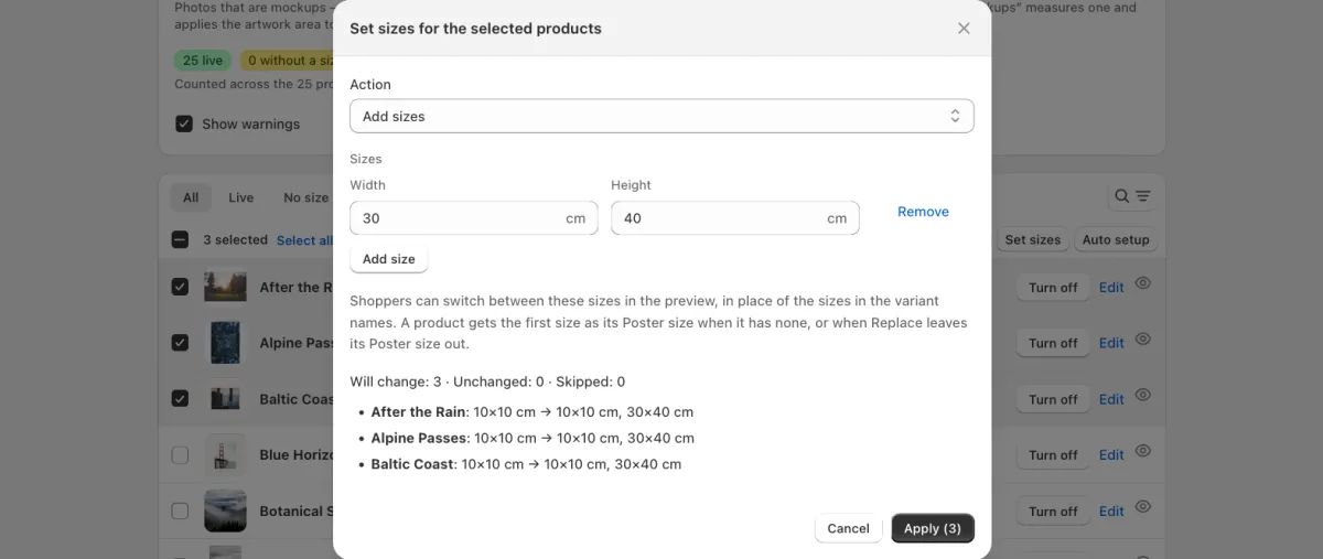 Add sizes with one size, 30×40 cm. Before you apply, the window shows what changes on each product.