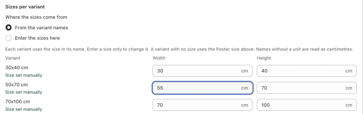 The 50x70 cm variant gets its own width. The other variants keep their sizes.