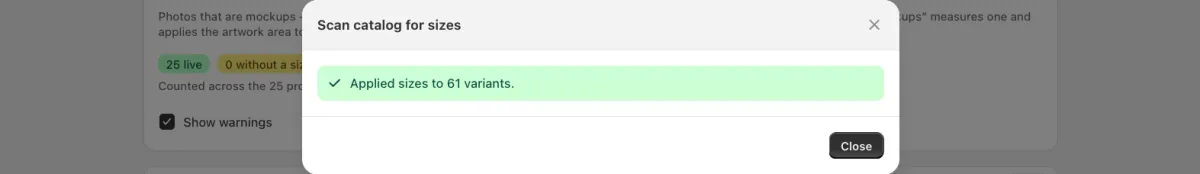 The sizes are saved on 61 variants.