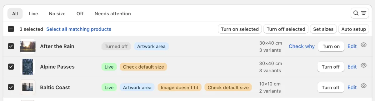 Three products are selected. One click switches them all.