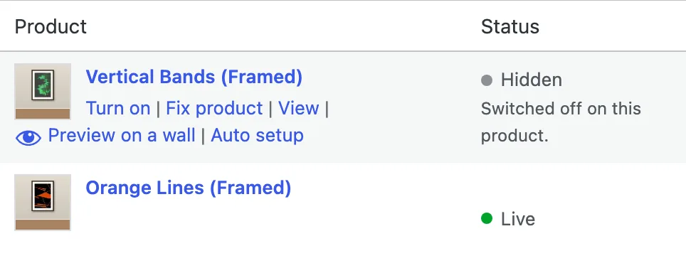 The Status column of the Products tab. Under the pointer, the row shows its fixes, such as Turn on.