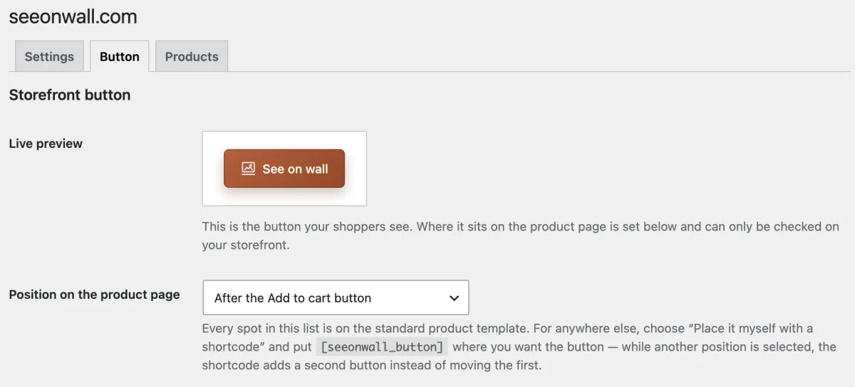 The Button tab with the position After the Add to cart button. The live preview shows how the button looks, not where it sits.