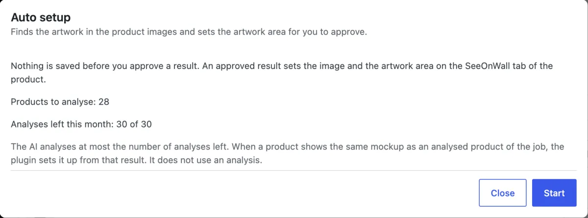 The Auto setup window before the start: 28 products to analyse and 30 analyses left this month.
