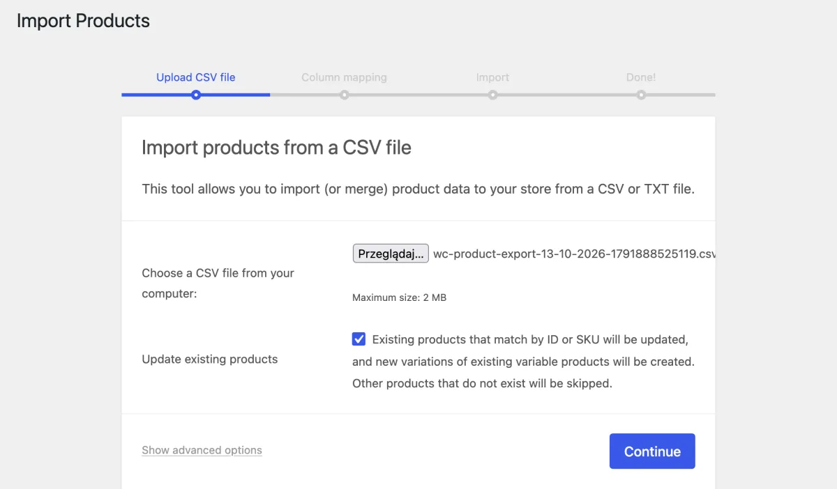 The first screen of the importer, with Update existing products selected.