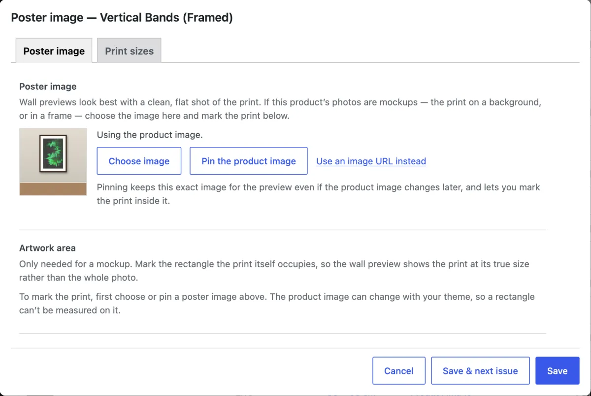 The poster image window. Use an image URL instead is next to Pin the product image.
