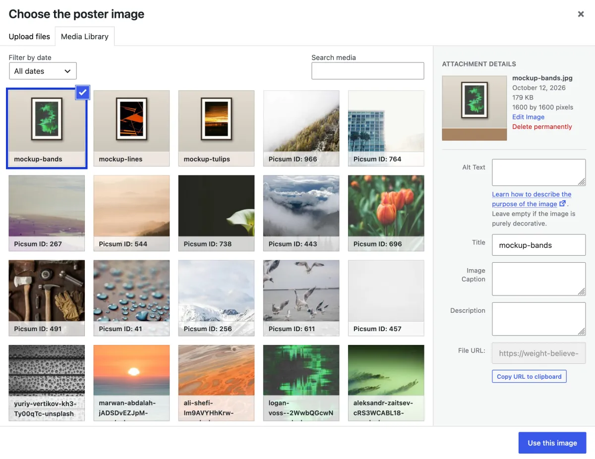 The media library. Use this image makes the selected image the poster image.