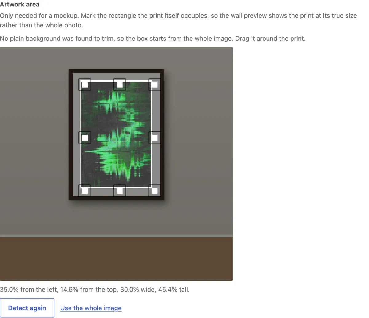 The box covers only the print, not the frame or the mat. The line under the image gives the area in percent.