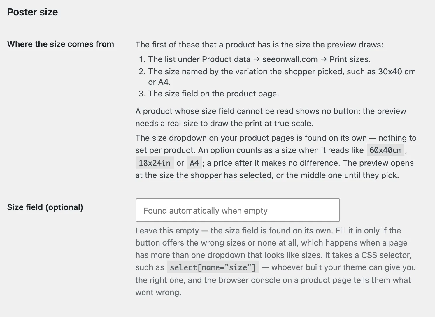 Size field (optional) is empty, so the plugin finds the field itself.