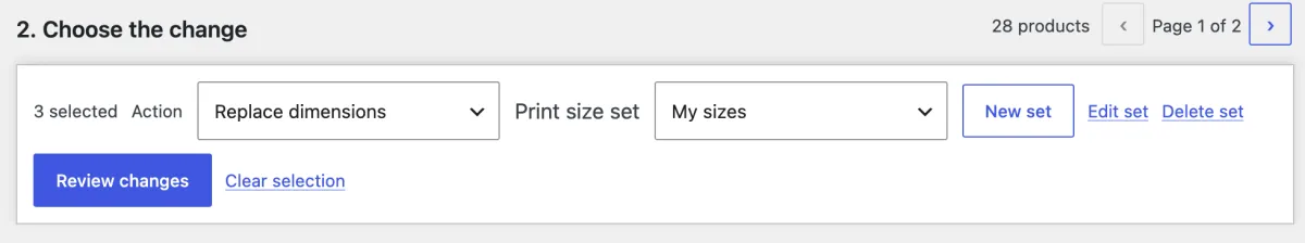 Replace dimensions with the size set My sizes, for the three selected products.