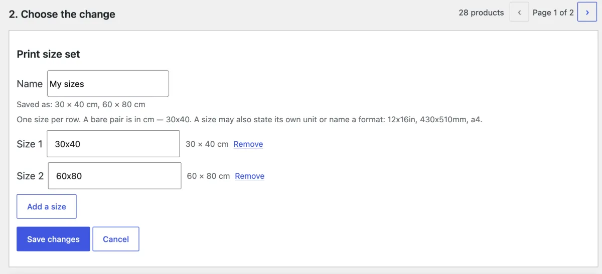 A size set with two sizes. Saved as shows how the plugin reads them.