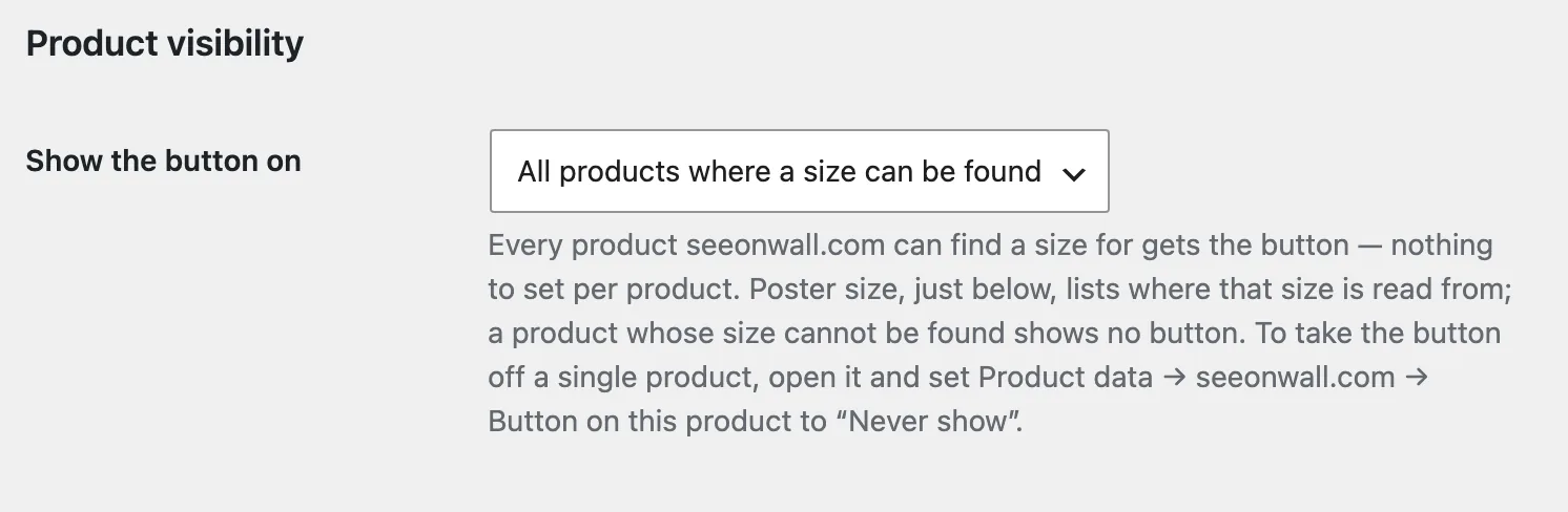 Product visibility on the Settings tab, set to All products where a size can be found.