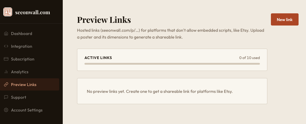 The Preview Links page, before you've created anything.