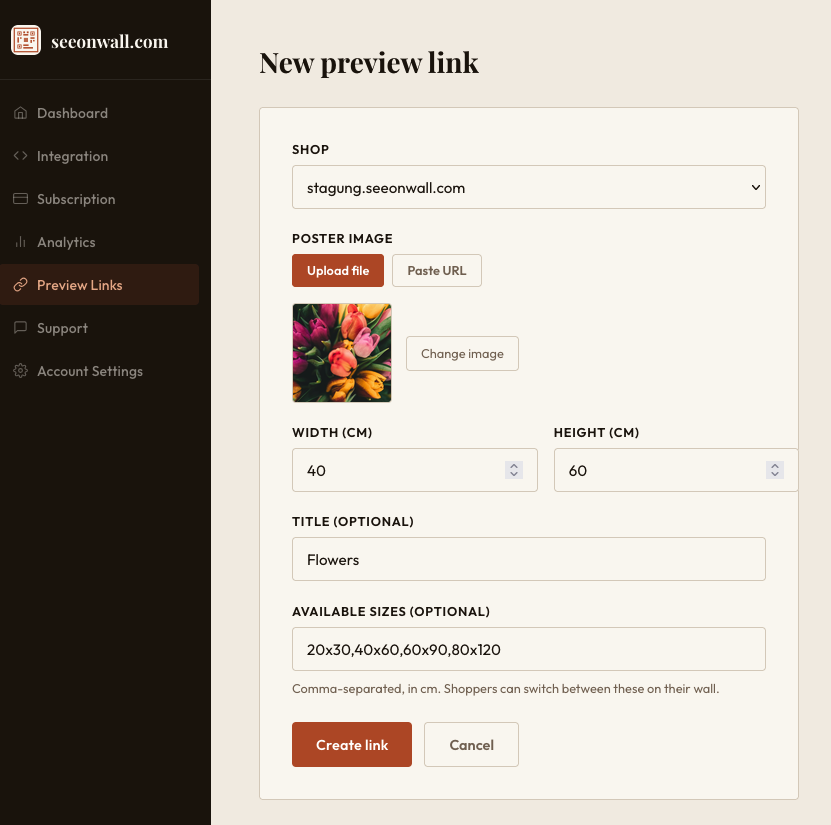Upload or paste a URL, set the real printed dimensions, and optionally list the sizes you offer.