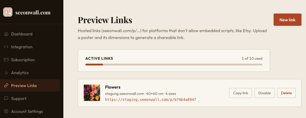 The finished link, ready to copy. “Disable” pauses it without losing the URL.