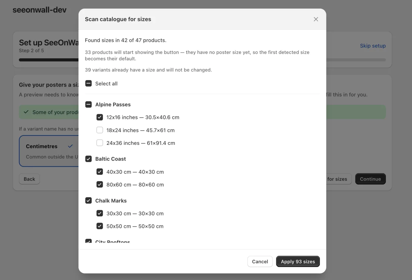 The scan shows every detected size, grouped by product, before anything is written.