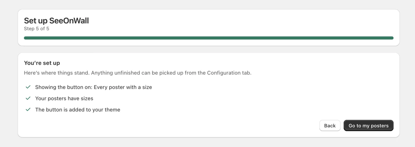 Step 5: the recap. Everything ticked means shoppers can preview your posters.