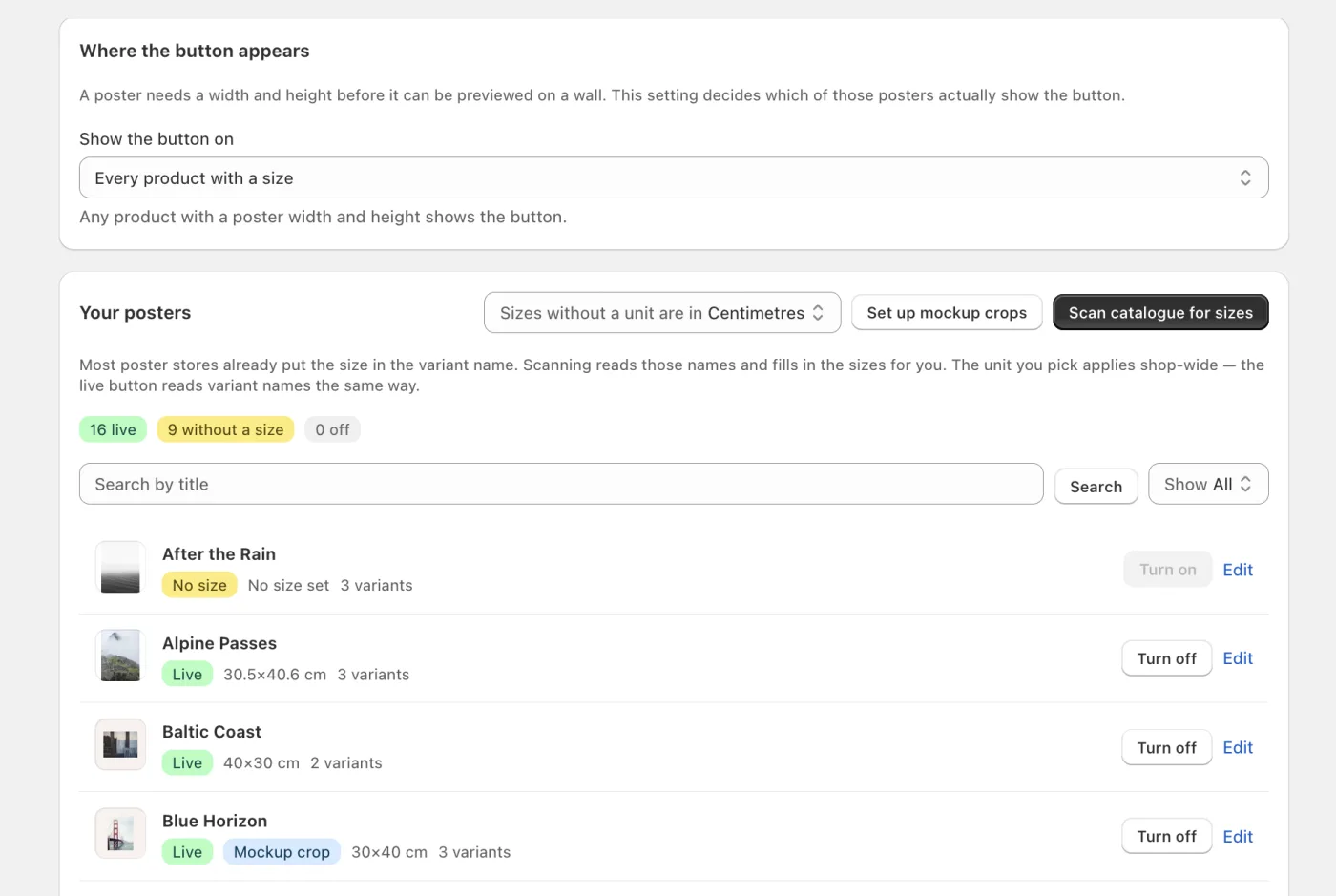 Every product with its status, and the setting that decides where the button appears.