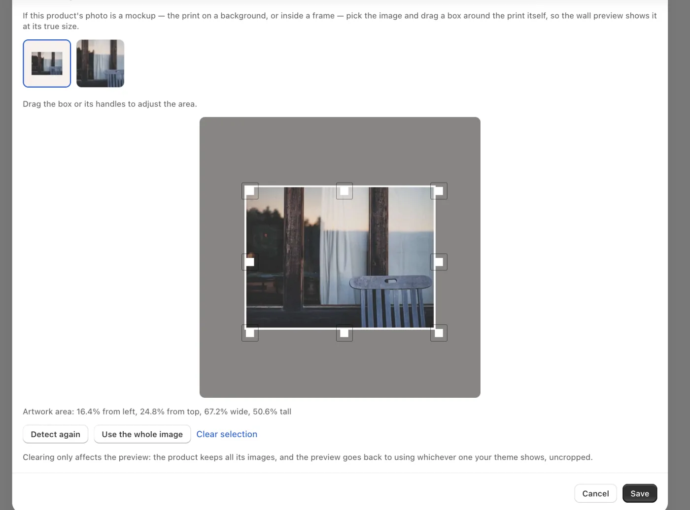 Pick the image, drag the box. The percentages below update as you go.