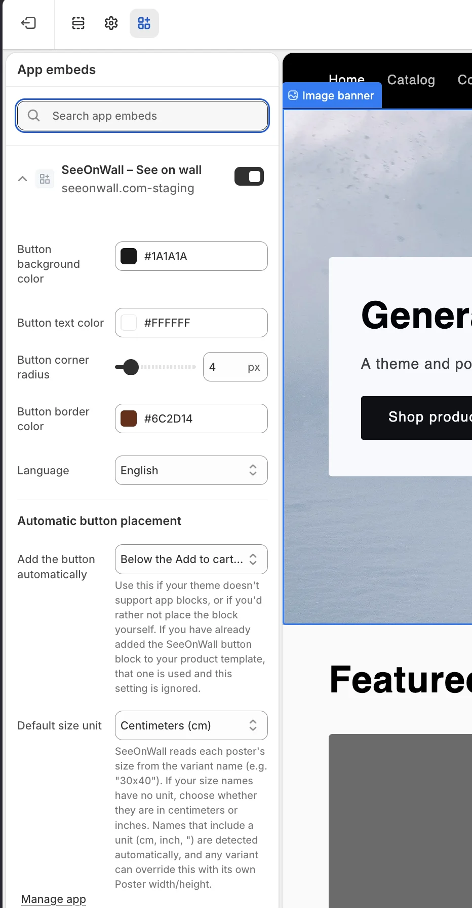 The app embed, including automatic button placement.