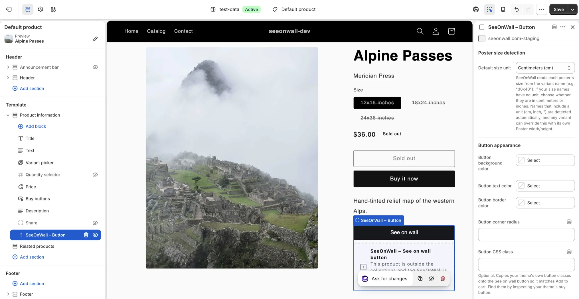The button block's settings, in Shopify's theme editor.