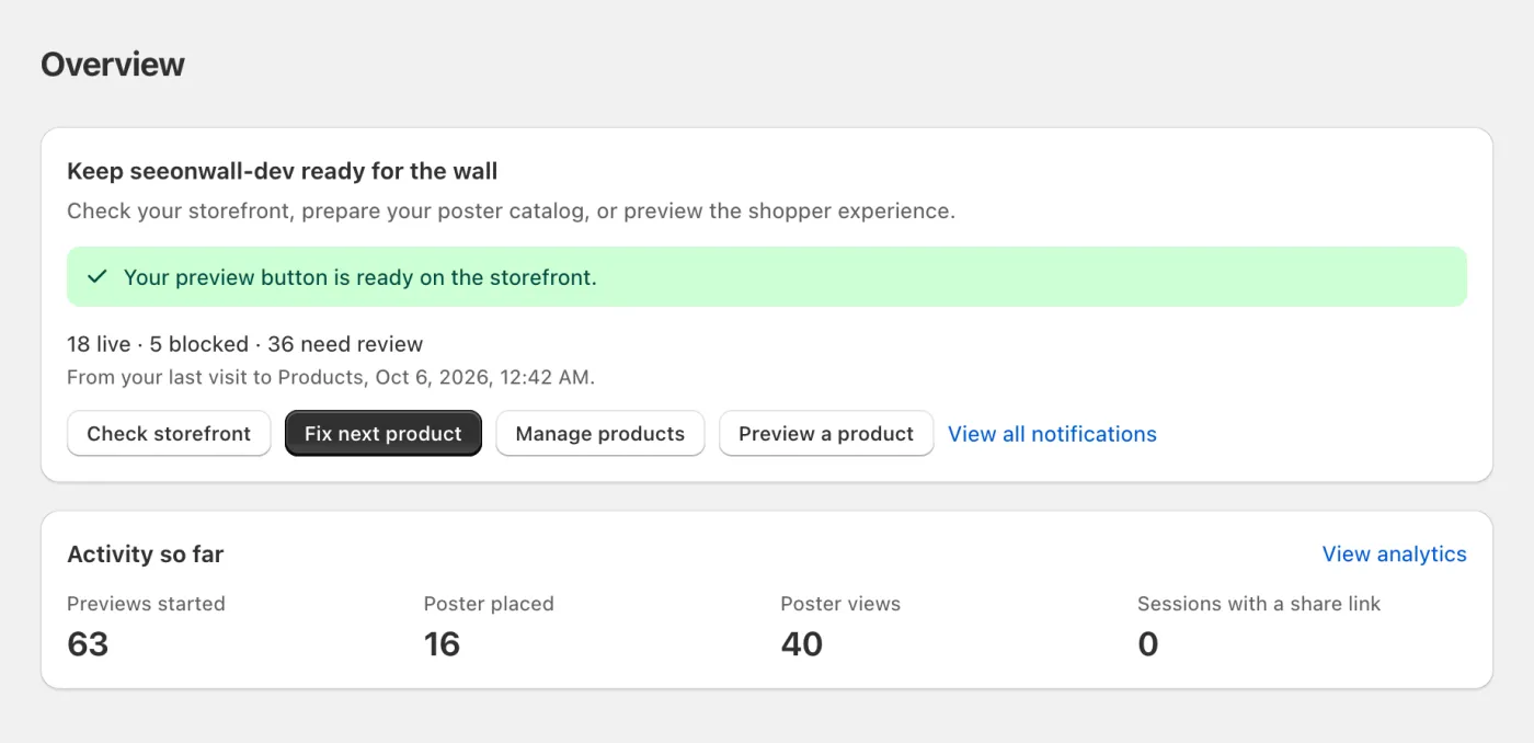 Overview: storefront status, catalogue health and shopper activity.