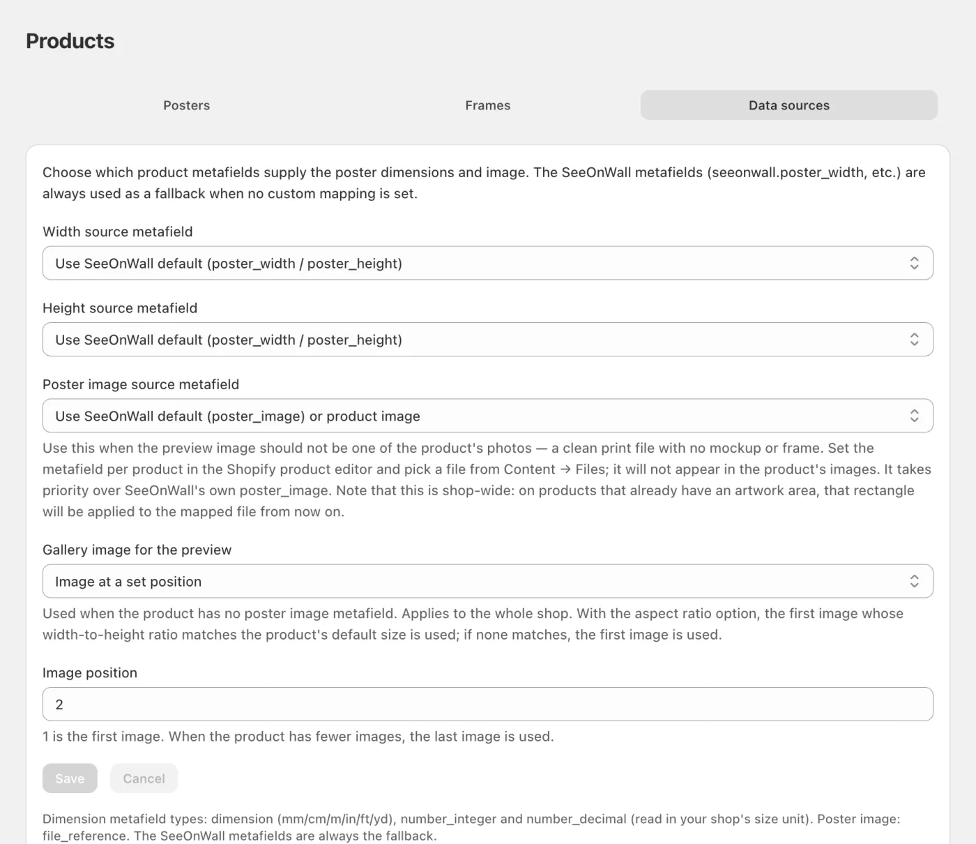 Data sources: map your own metafields, and choose which gallery photo the preview uses.
