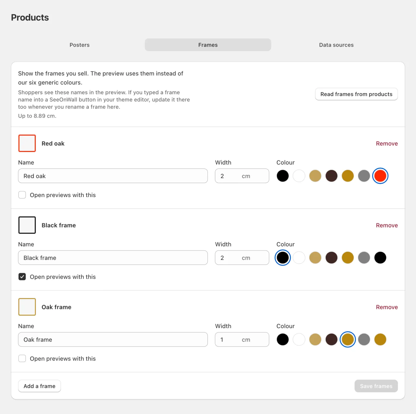 Frames: your own frames, each with a width and a colour, and one chosen as the default.