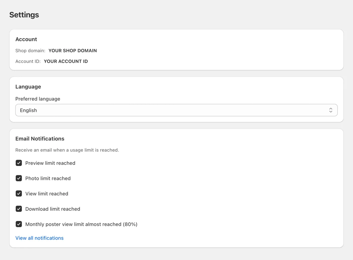 Settings: account details, language and email notifications.