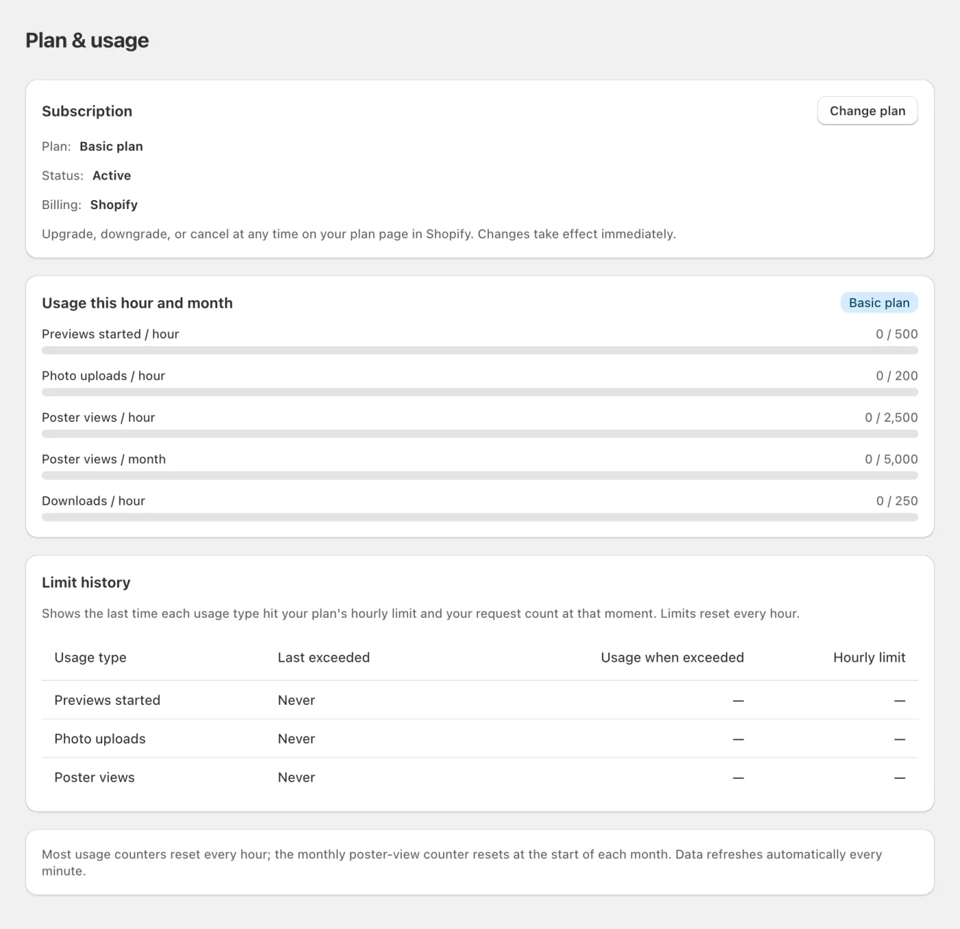 Plan & usage: your subscription, current usage and limit history.