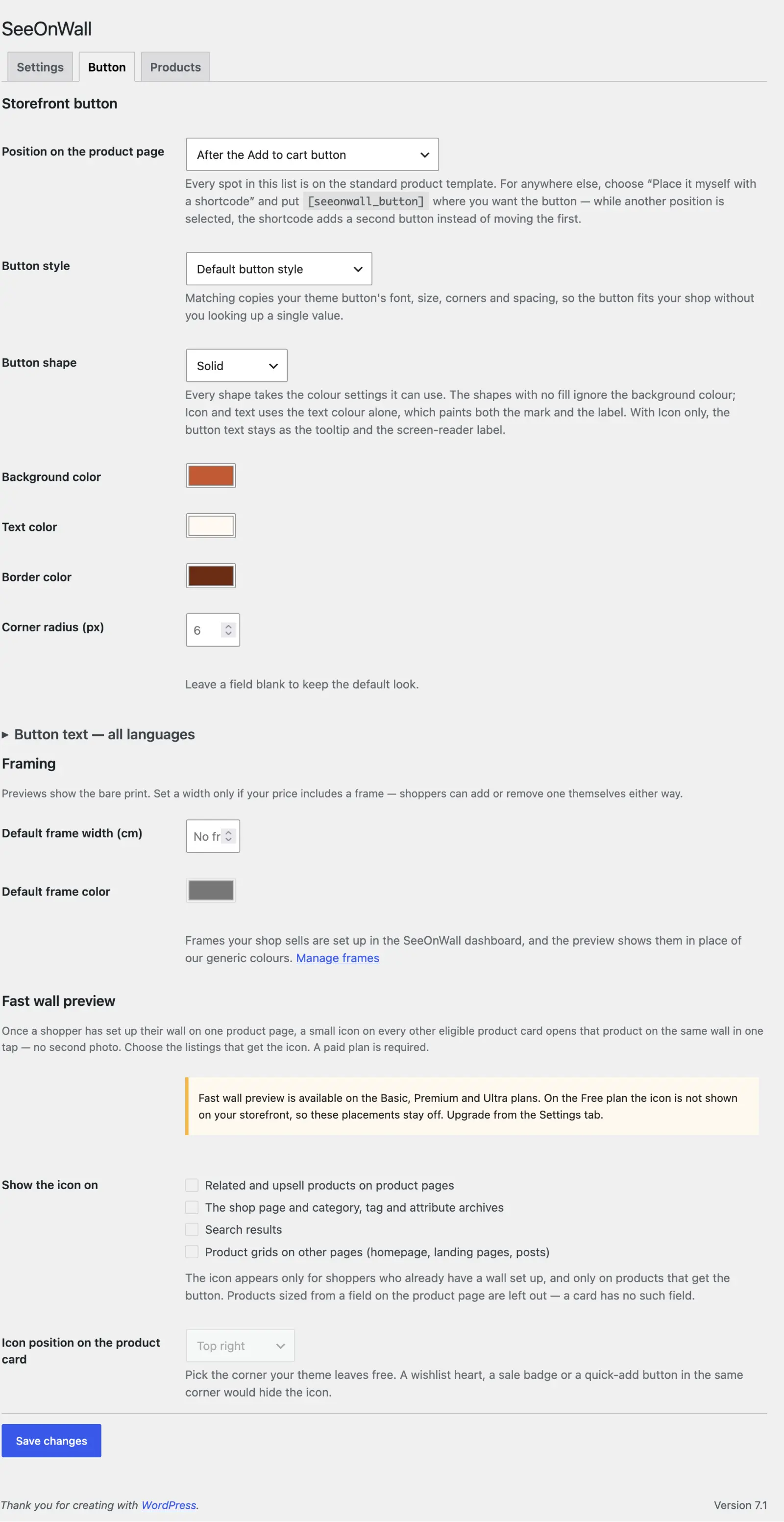 The Button tab, with position, styling and framing defaults.