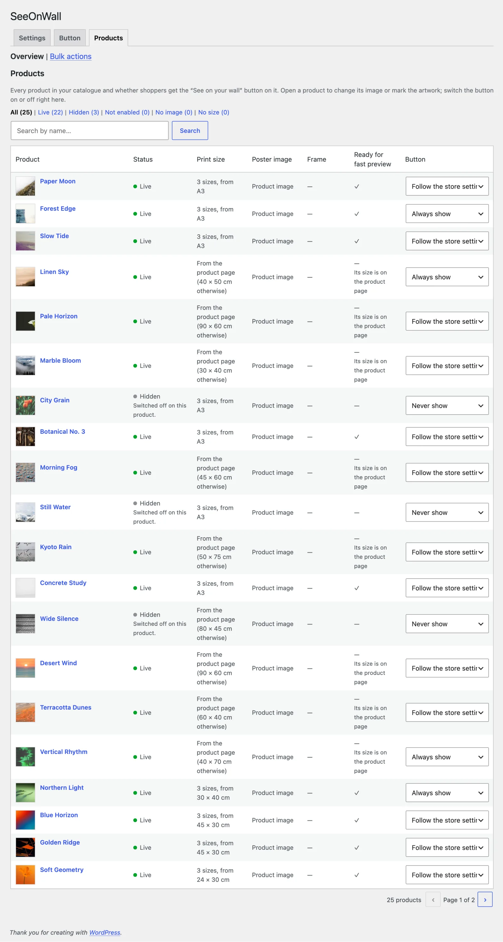 The Products tab lists every product with its preview status.