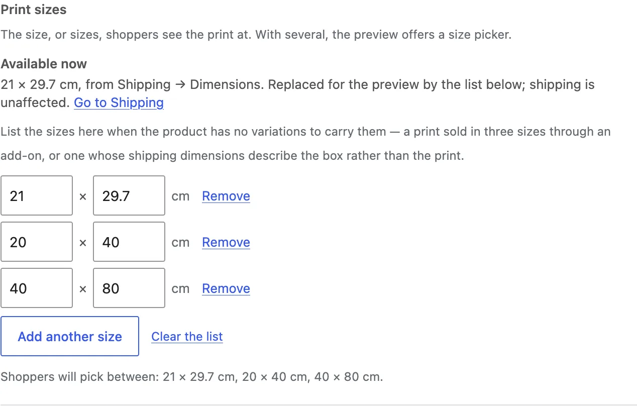 Three sizes listed by hand; shoppers pick between them.