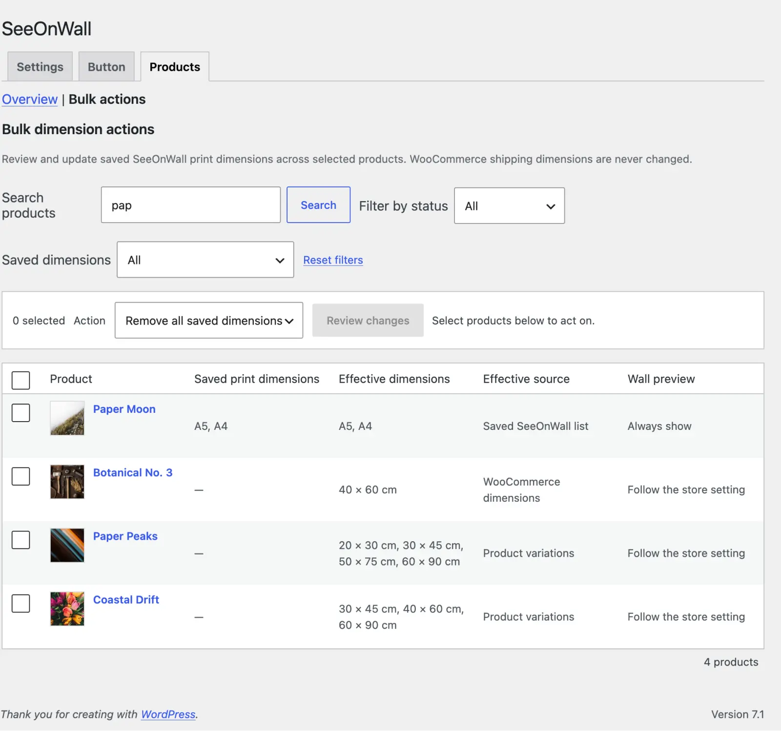 Products selected on the Bulk actions screen, with the action chosen above them.